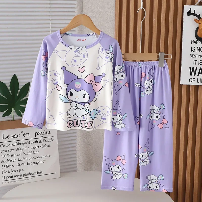 Anime Sanrio Pochacco Cinnamoroll Kuromi Children Loungewear My Melody Spring Autumn Long Sleeve Round Neck Girls Nightwear Set