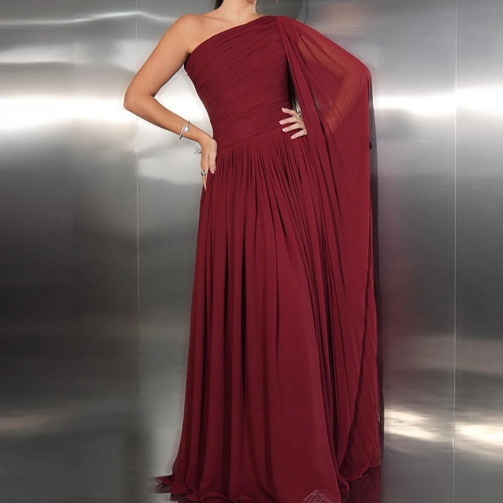 

Customized Classic One Shoulder Watteau Train Evening Dress Graceful A-Line Pleats Chiffon Burgundy Party Gown платье вечернее