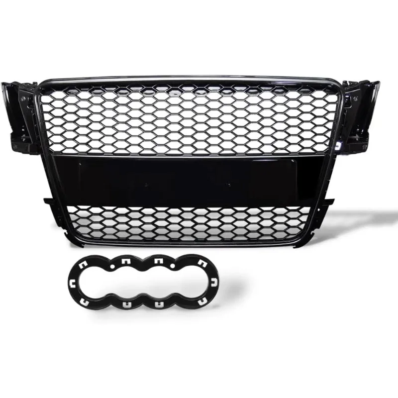 US Compatible With 2008-2012 Audi A5 / S5 B8 / 8T Glossy Black RS-Honeycomb Mesh Front Bumper Grill Grille With Emblem Base