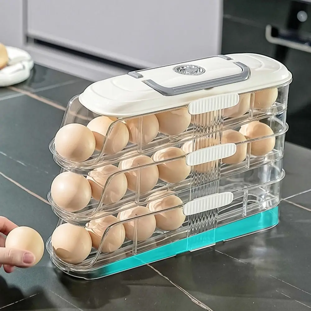 

Transparent Automatic Rolling Egg Container Large Capacity Space Saving Refrigerator Egg Storage Box Stackable with Lid