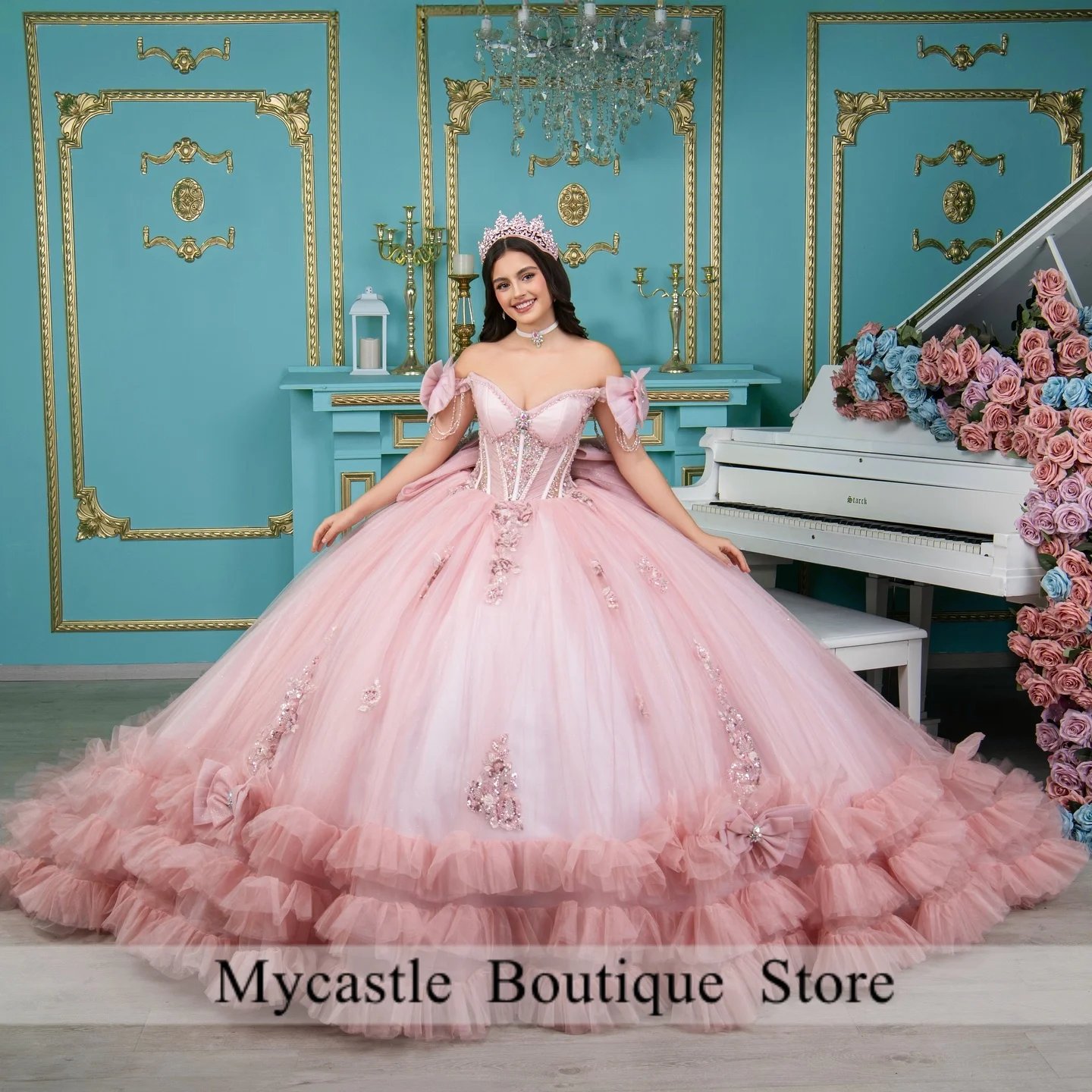 Vestido De quinceañera personalizado con volantes y cuentas De color rosa dulce, vestido De baile 2025 con apliques De lazo, vestido dulce 16, Vestidos De XV 15 Anos