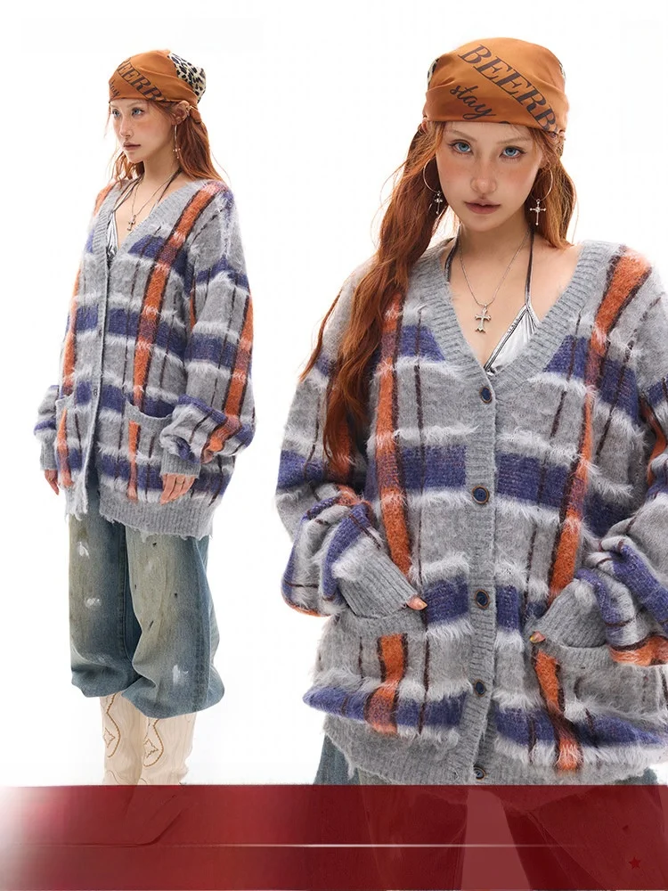 

Уютный шерстяной кардиган BeerBro с полосатым узором, длинными рукавами и V-образным вырезом, стандартный крой, осенне-зимняя верхняя одежда