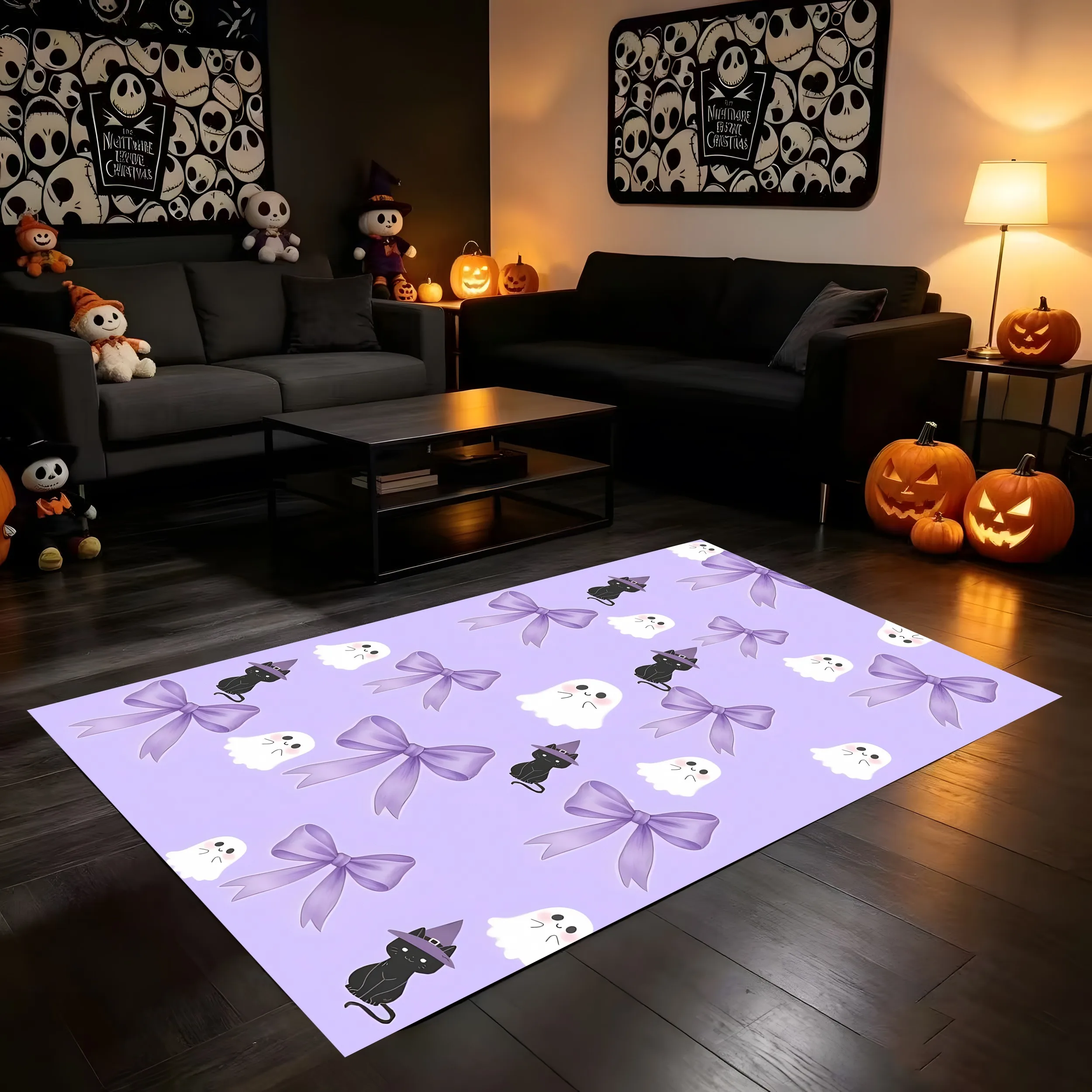 2D Large Area Rug with Taro Purple Background, Bow, Wizard, Black Cat, Cute Ghost Print A Sweet and Adorable Rug for Bedrooms.