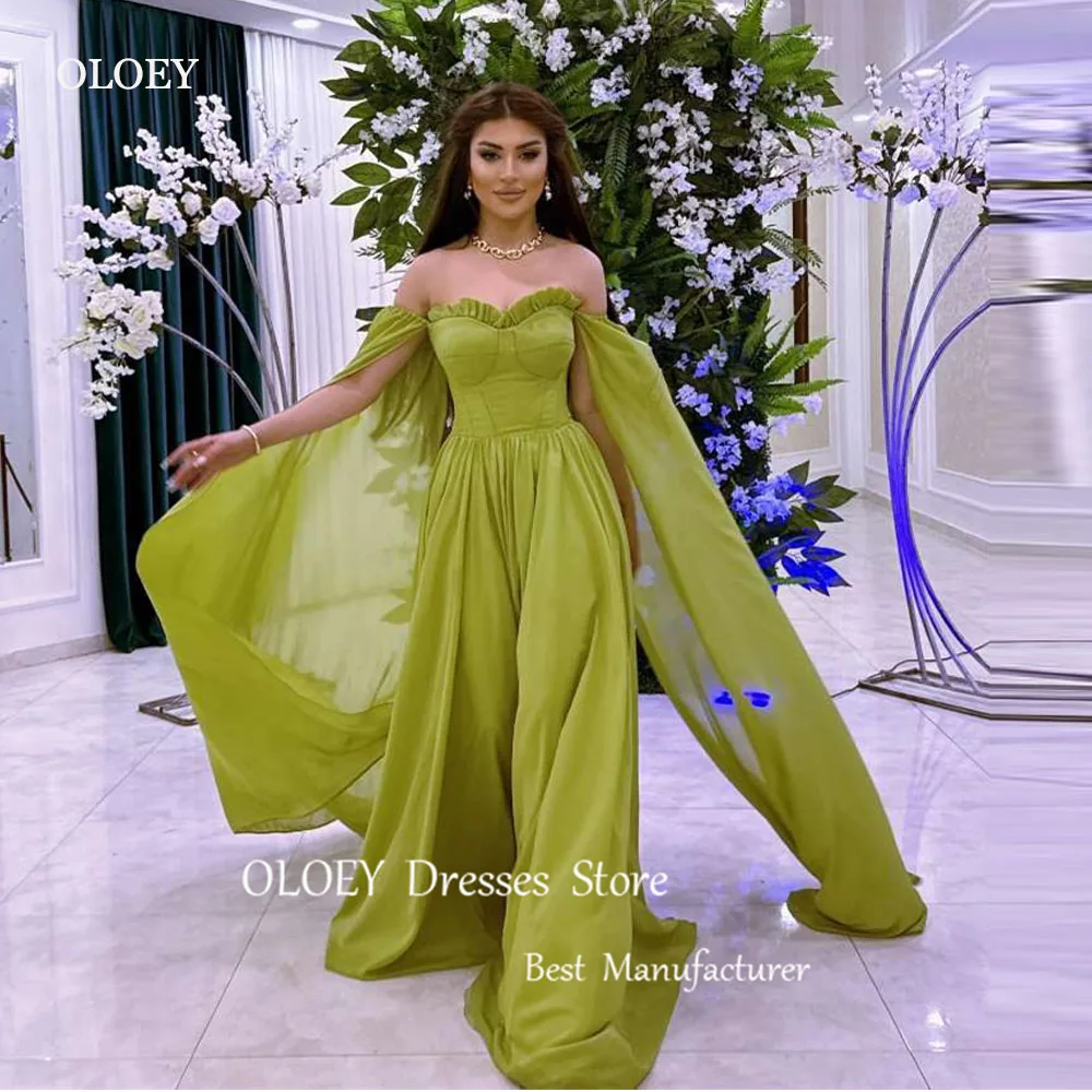 

OLOEY Sexy Army Green Evening Dresses Off Shoulder Long Cape Sleeves Sweetheart Dubai Arabic Women Prom Gowns Formal Party Dress