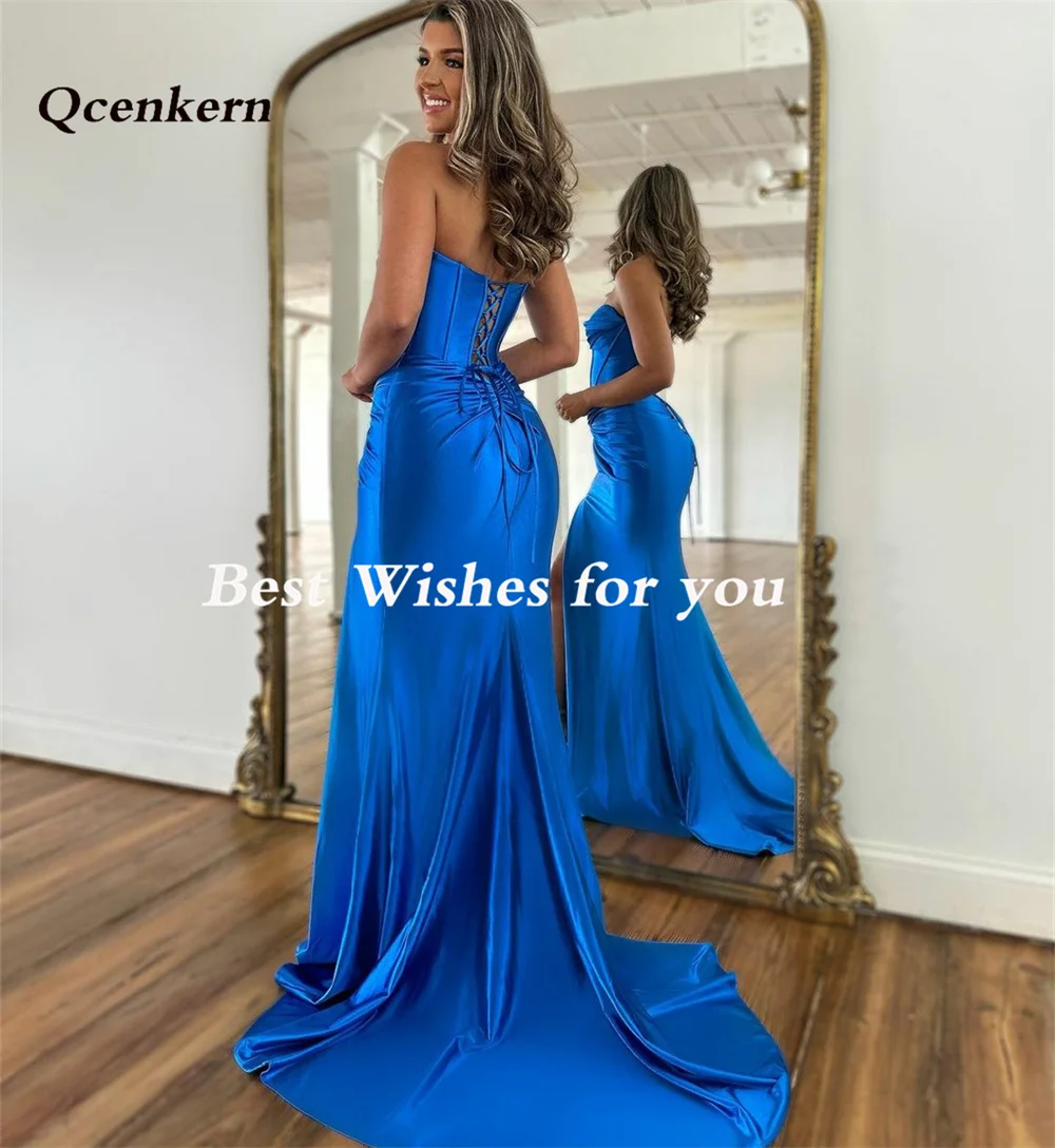 Qcenkern Long Blue Sweetheart Prom Dresses Mermaid Pleated Sweep Train Evening Dresses robe de soirée de mariage فساتين السهرة