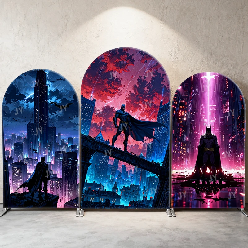 

Batman Rainy Gotham Theme Arch Backdrop Cover Red Lightning Cartoon Background For Kids Birthday Baby Shower Party Decoration