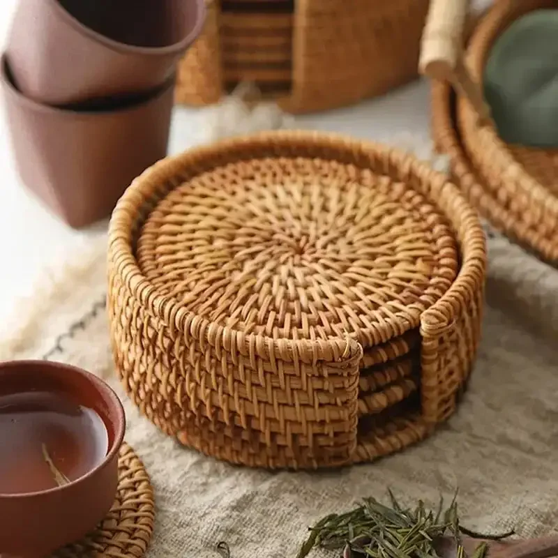 6Pcs Rattan Coasters Handmade Tea Ceremony Tableware Set Absorbent Woven Rattan Coaster Insulated Bowl Rattan Coasters