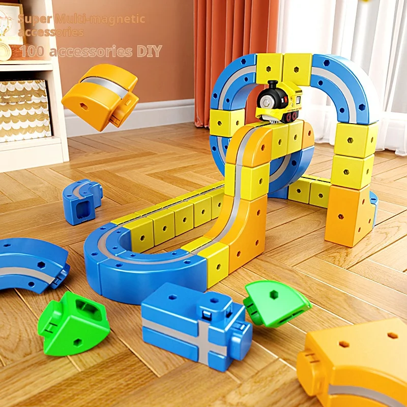DIY montar juguetes de tren de pista magnética para niños, ferrocarril mágico electrónico, construcción de coches, juguete educativo para niños, regalo de Navidad