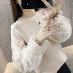 Sweet O-Neck Spliced Loose Ruffles Gauze Lace Blouse Female Clothing 2024 Spring New Casual Pullovers Lantern Sleeve Chic Shirt