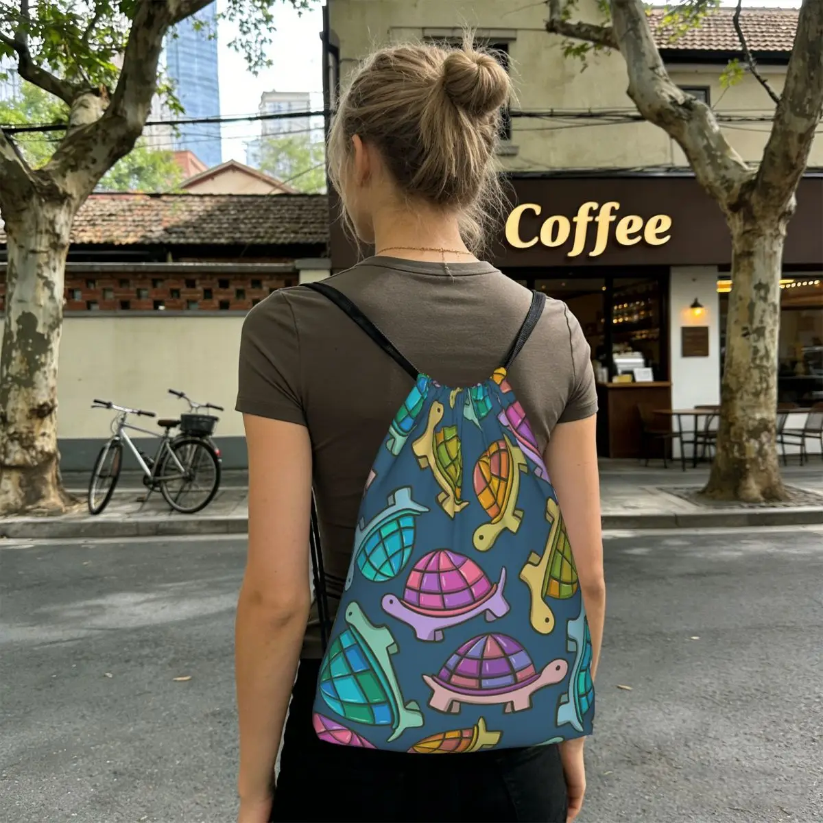 Adorable Cartoon Turtle Colorful Backpacks Portable Drawstring Bags Shoes Bag Book Bags for Man Woman Students