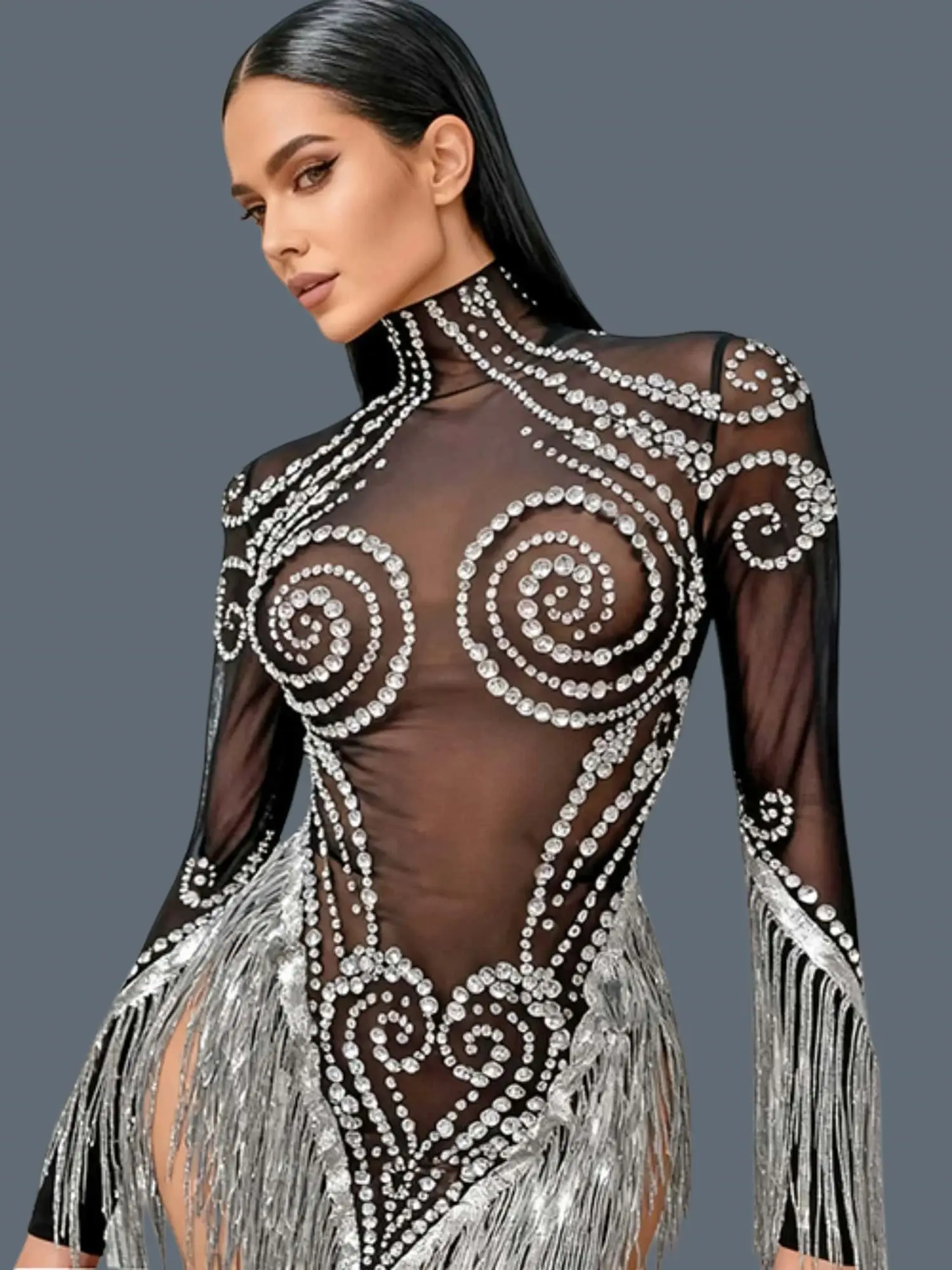 Dames Latin Dance Team Outfit Sparkly Strass Kwastje Mini-jurk Zwart Doorzichtige Mesh Jurken Stage Performance Wear Heitao - afbeelding 2