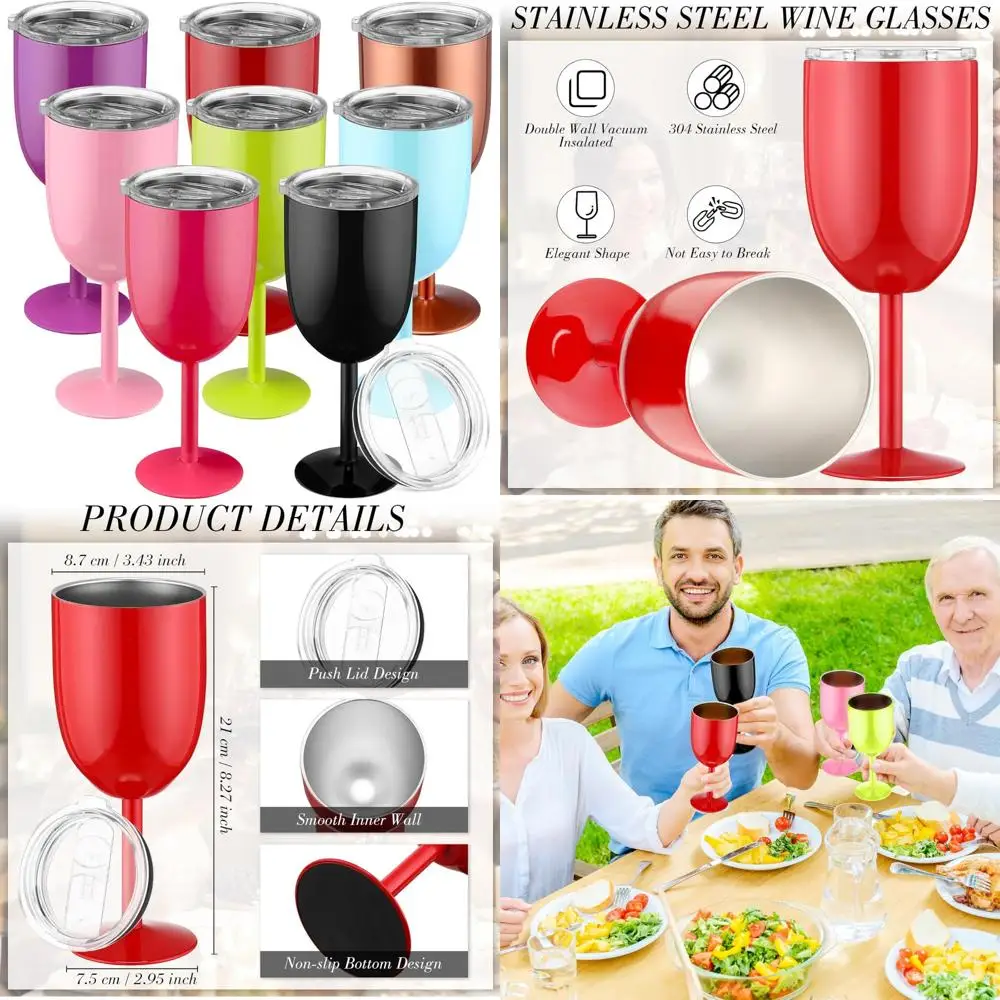 

Double Wall Insulated Stainless Steel Wine Glasses, 12 oz Stemmed Goblets with Lids, Unbreakable, 8 Pieces Set for Durability an