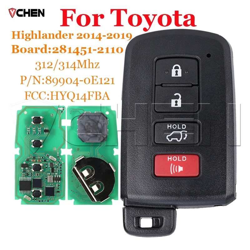 Car Key Auto Smart Card Remote For Toyota Highlander 2014-2019 312/314Mhz 89904-0E121 HYQ14FBA 281451-2110 4 Buttons Control Fob
