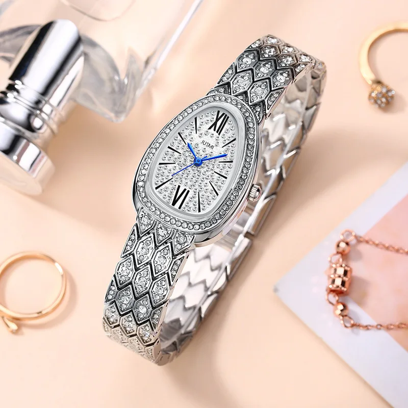 Women Luxury Quartz Watches Full Diamond Oval Waterproof Bracelet Steel Band Watch