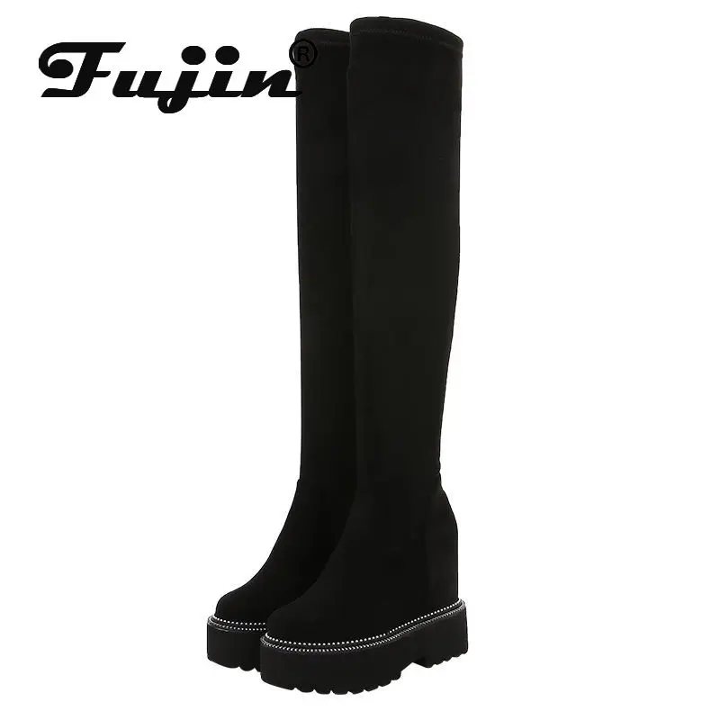 

Fujin 12cm Stretch Fabric Platform Wedge Plush Winter Sock Knitted Boots Autumn Spring Slip on Microfiber Knee High Women Shoes