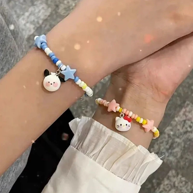 Pulsera ajustable con colgante de gato y perro, brazalete con cuentas de estrella de dibujos animados, Kawaii, KT, a la moda, accesorios de joyería para pareja, regalos