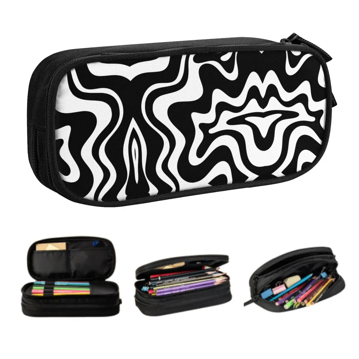Custom Liquid Swirl Modern In Black And White Pencil Case Large Storage Geometric Scandi Line Art Pen Box Bag Stationery