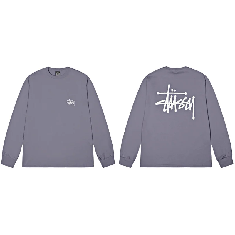 STUSSY 8 النمط الأمريكي الملمس المعدني طباعة جولة الرقبة البلوز الرجال الربيع الطبعة الثقيلة عالية الشارع ملابس خارجية فضفاضة