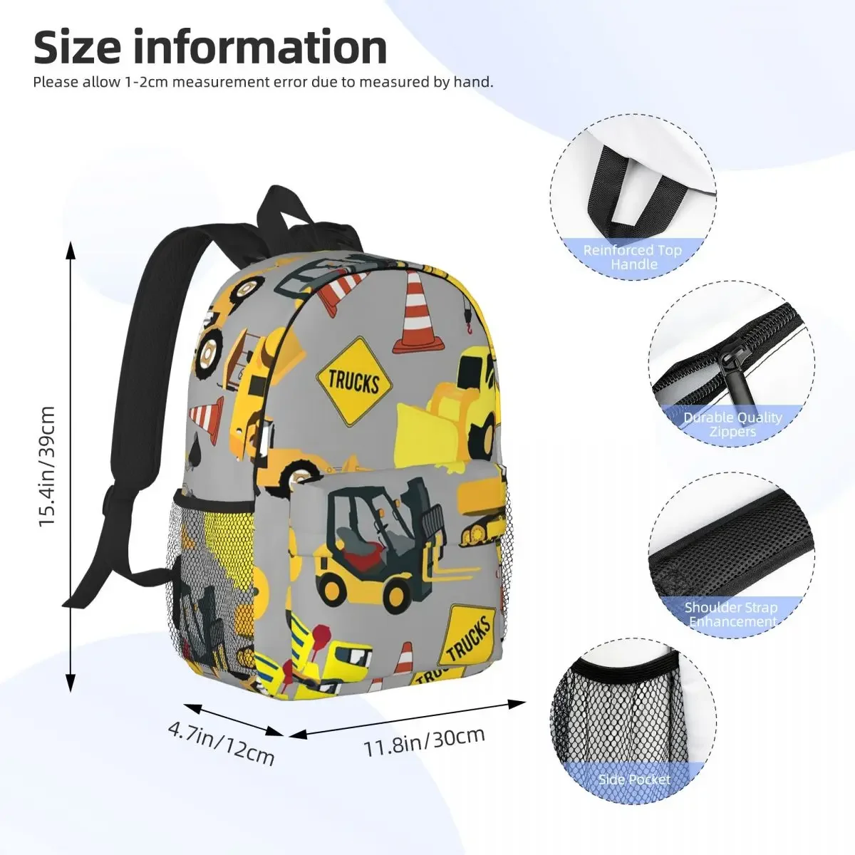 Construction Trucks Party - Excavator, Backhoe And More Backpacks Boys Girls Bookbag Students School Bags Rucksack Shoulder Bag