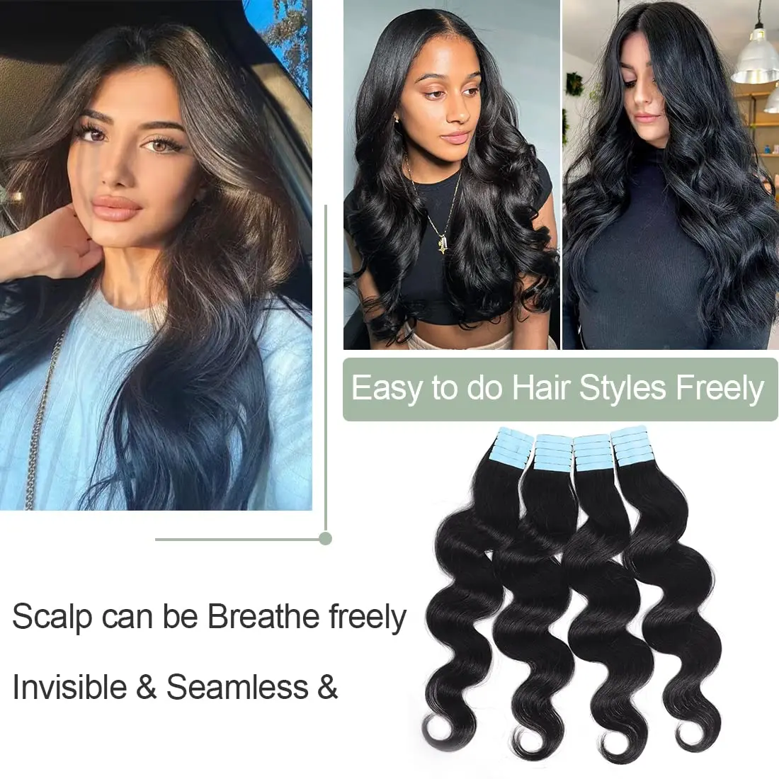 ผมต่อแบบเทปติดผมแท้ Remy แบบ Body Wave ผมต่อแบบ Skin Weft ผมแท้ธรรมชาติ แบบ Body Weavy 20 ชิ้น/แพ็ค