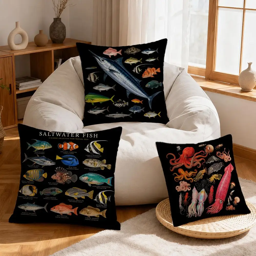 Art Shark and Tropical Fish Print Cushion Cover Linen Anti-Mite Antibacterial Cushion Cover Invisible Zipper Sofa Decor