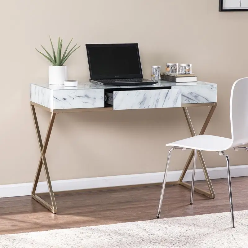 Faux Marble Writing Desk with Storage Solutions for Home Office Use