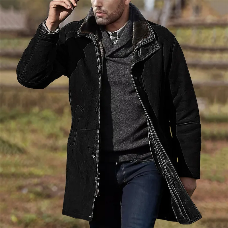 Men's Suede Jacket Black Medium Length Autumn Thick Warm Jacket Lapel Collar Long Sleeve Casual Slim For Men Jackets 2023