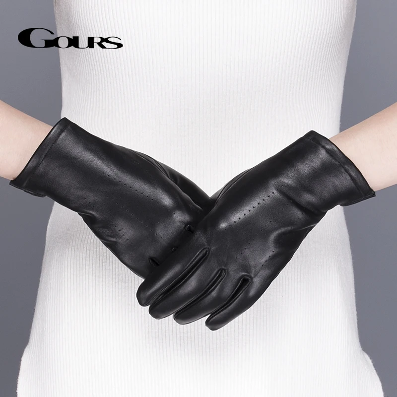 Gours Women\'s Genuine Leather Gloves Black Classic Sheepskin Touch Screen Gloves Winter Thick Warm Fashion Mittens New GSL076