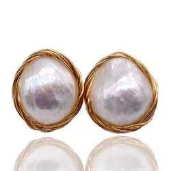Women's Stud Earrings White Natural Freshwater Pearls Genuine Baroque Handmade Fashion Jewelry Free Shipping