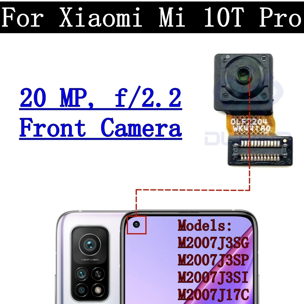 Front and Rear Camera Lens for Xiaomi Mi 10T Pro, 5G, Selfie Frontal, Small Facing, Camera Module View, Backside Spare Parts