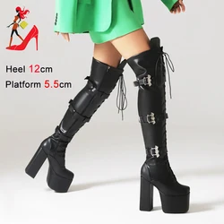 Over-the-Knee Boots Women Short Plush Winter High Heels Gothic style Platform Chunky Heeled Shoes Female Black Thigh High Boots