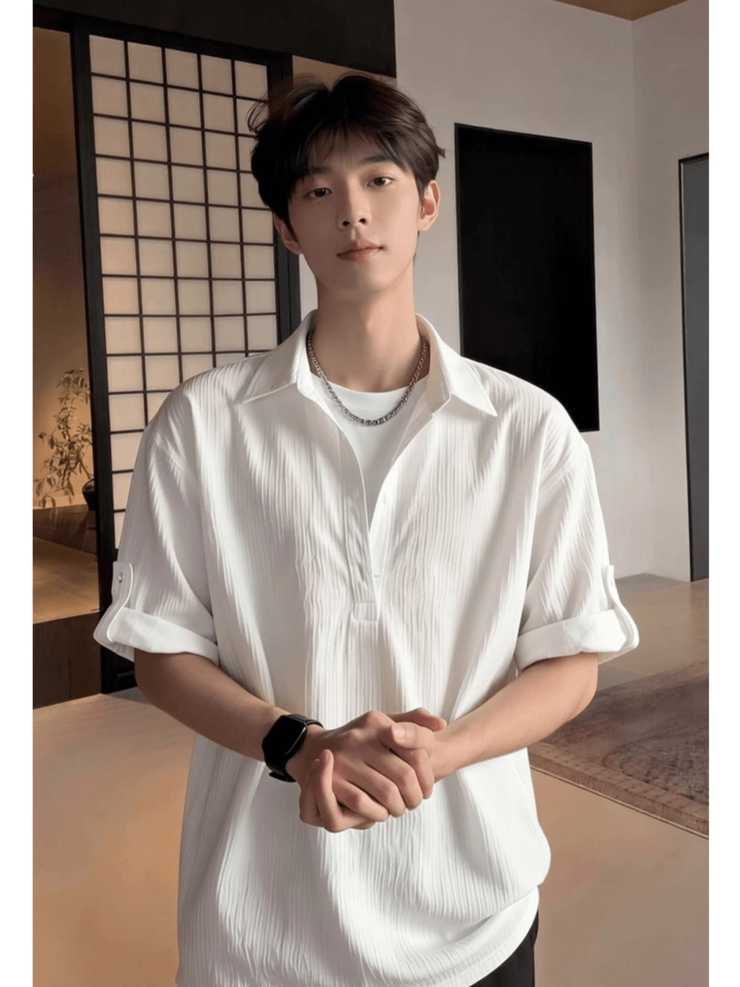Lightweight Textured Short Sleeve  Shirt Men's Summer T-Shirt Design Half Sleeve Treebark Pattern Casual Style Youth Fashion