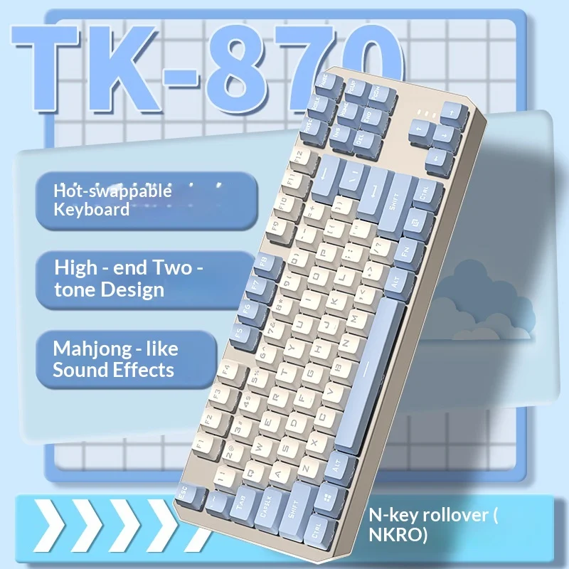Tk 870 Wired Mechanical Keyboard 87 Keys Hot Swappable Two Tone Keycaps Alloy Panel Waterproof For Gaming Office Wholesale