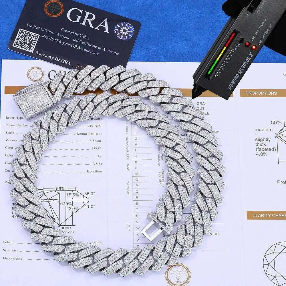 

S925 Sterling Silver High Quality 20MM Diamond Cuban Link Chain Three Row VVS Moissanite Hip Hop Cuban Link Chain Necklace