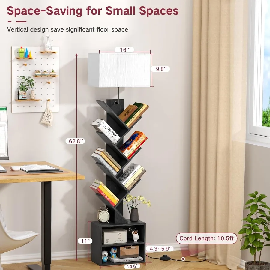 Libreria ad albero a 9 livelli con luce integrata, funzione timer telecomando e armadio portaoggetti nascosto, pavimento alto moderno dimmerabile