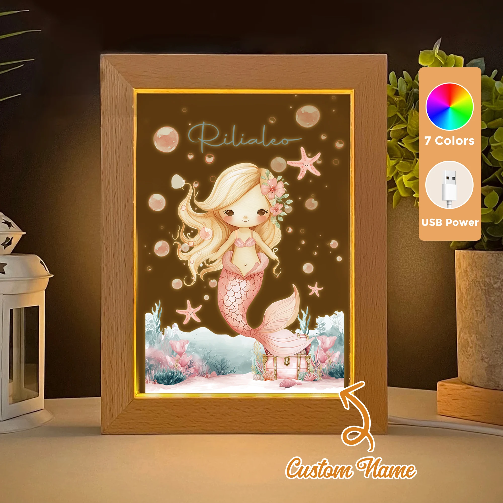 

2D Flat Custom Name Cartoon Blonde Mermaid LED Acrylic Night Light Wood Photo Frame 21x17cm Child Bedroom Gifts Home Decor