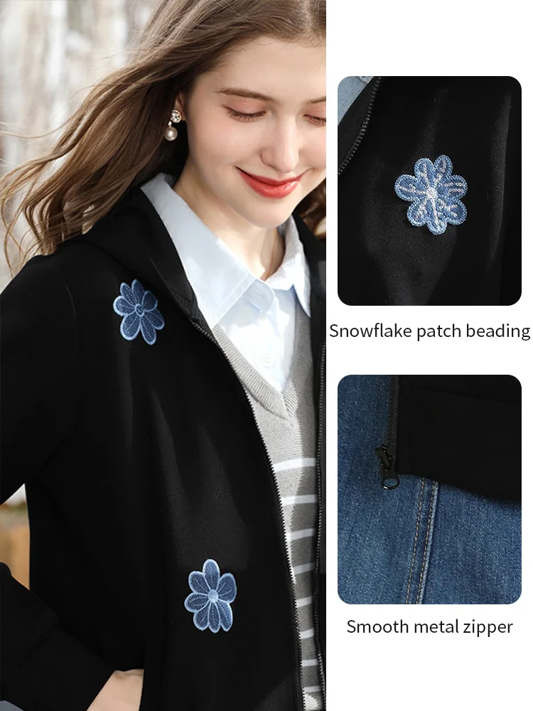I BELIEVE YOU Snowflake Bead Embroidered Hooded Coat Autumn 2025 Black Lightweight Casual Tops Versatile Commute Coat 2253186165