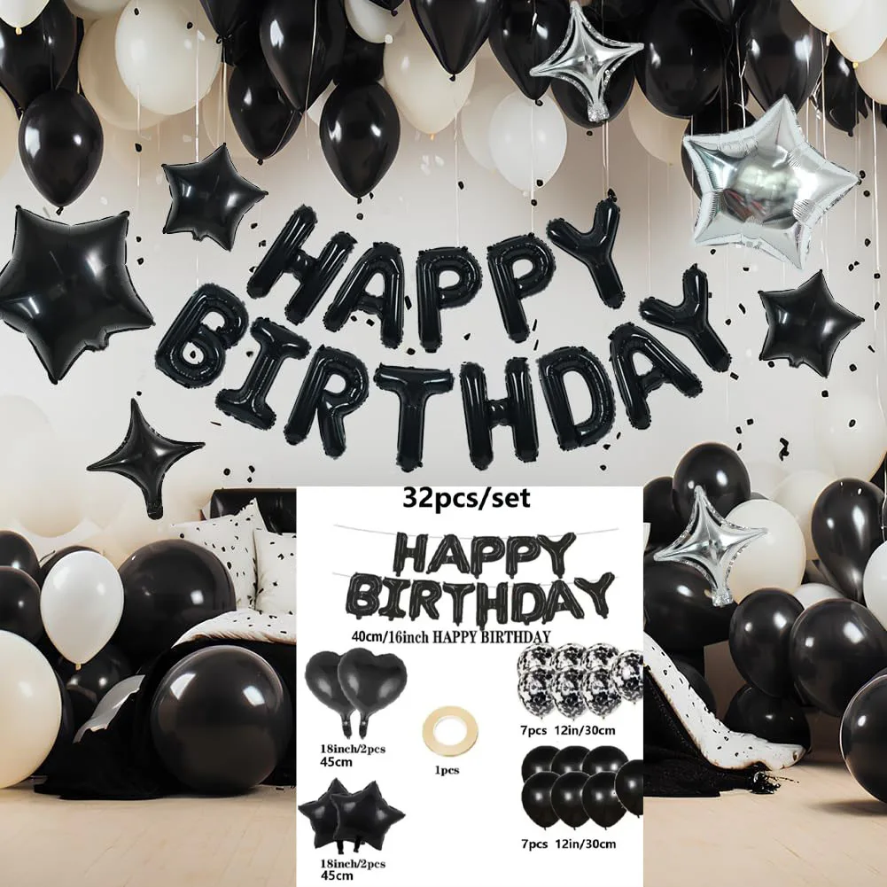 Multi piece set of black latex aluminum foil balloons for children's happy birthday set, party decoration combination package