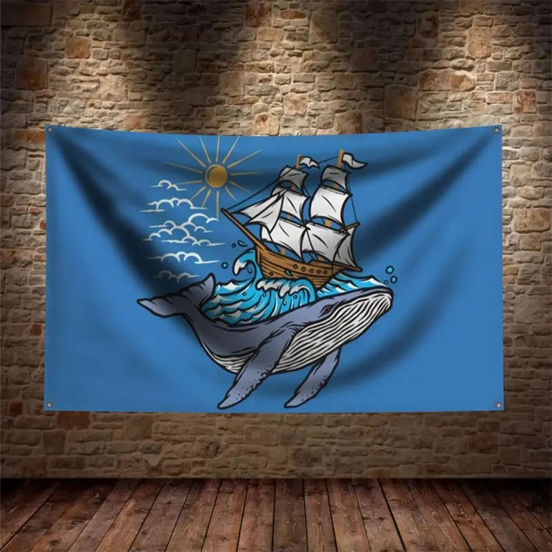 Whale Pirate Ship Nautical Tapestry Flag Banner Ocean Sea Decor Wall Art Hanging Gift for Beach Room