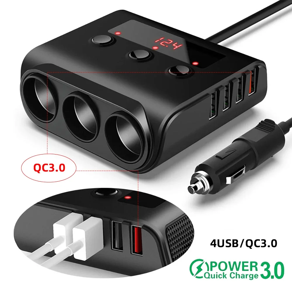 120W Cigarette Lighter Adapter QUICK CHARGE 3.0 12V/24V 3-Socket Power Splitter DC Outlet with 8.5A 4 USB Ports Car Charger