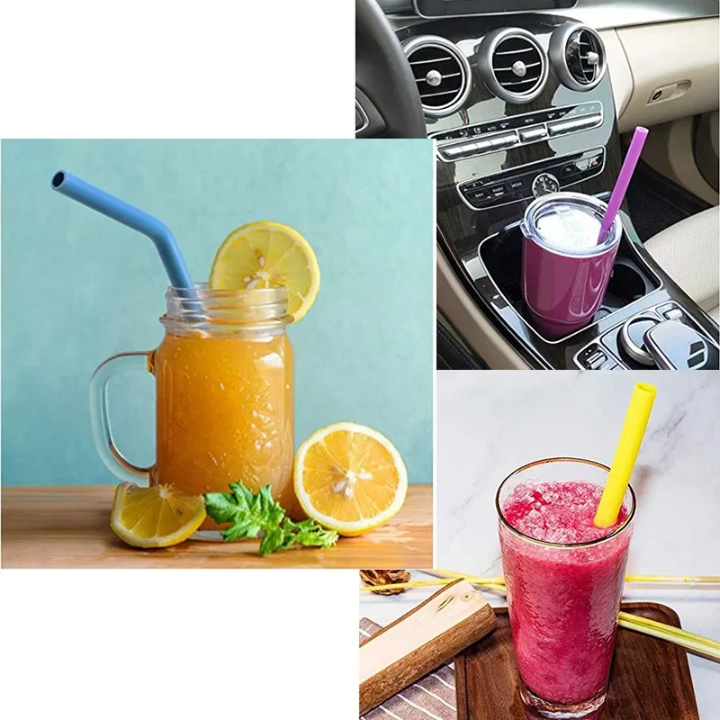 Reusable Silicone Drinking Straws Creative milk straws Sturdy Bent  Straw Cleaning Brush Bar Party Accessory Solid Color