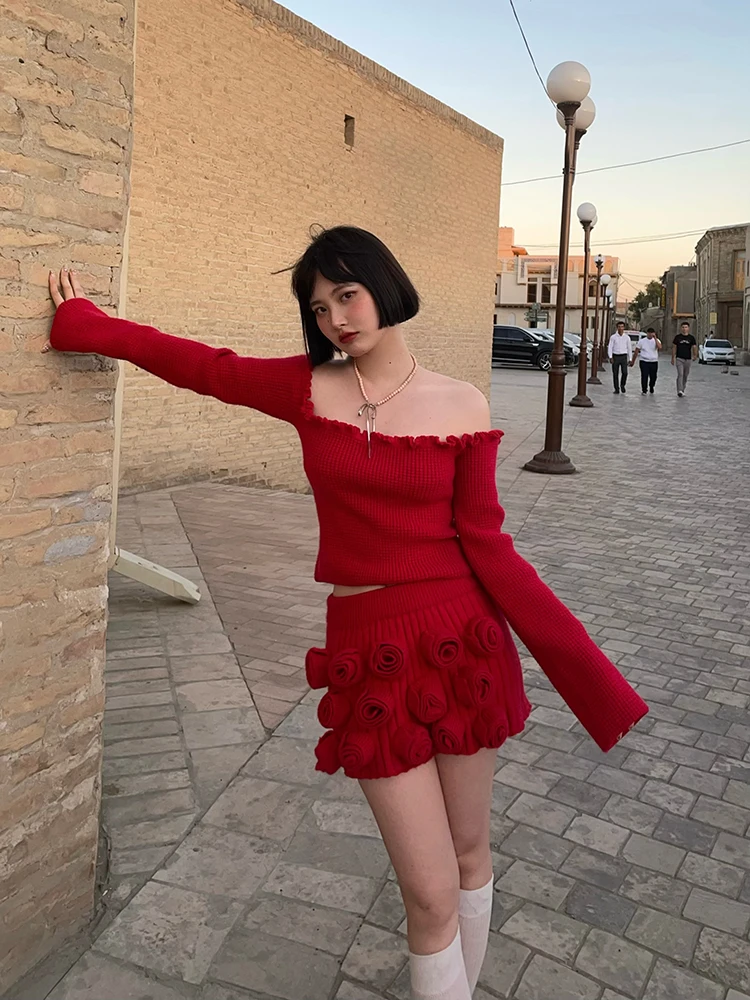 

Original Don't Bite Eyes Cisas New Year Set 3D Rose Flower Sweater f Skirt Autumn Winter Women's Faion Ensemble