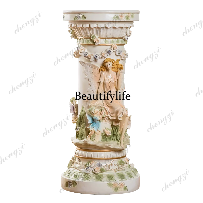 European-style Roman column decorative ornaments, indoor floor-standing flower racks next to TV cabinets
