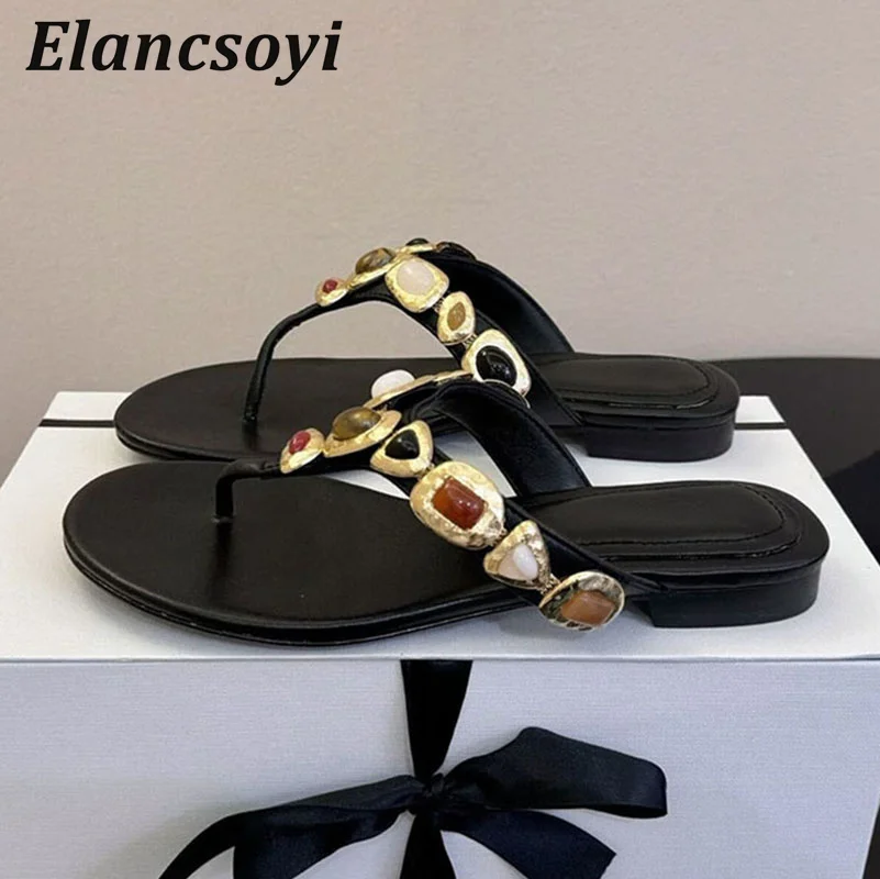 Flip Flops Women's Gemstone Split Toe Slippers Genuine Leather Low Heela Lazy Sandals Summer Outdoor Vacation Beach Shoes
