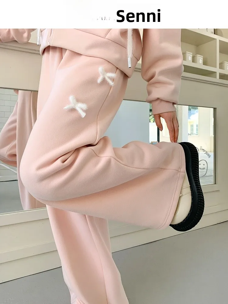 

Синие повседневные прямые брюки с высокой талией и широкими штанинами на флисовой подкладке, женские, новинка 2026 года, осенние, из смесового хлопка и полиэстера