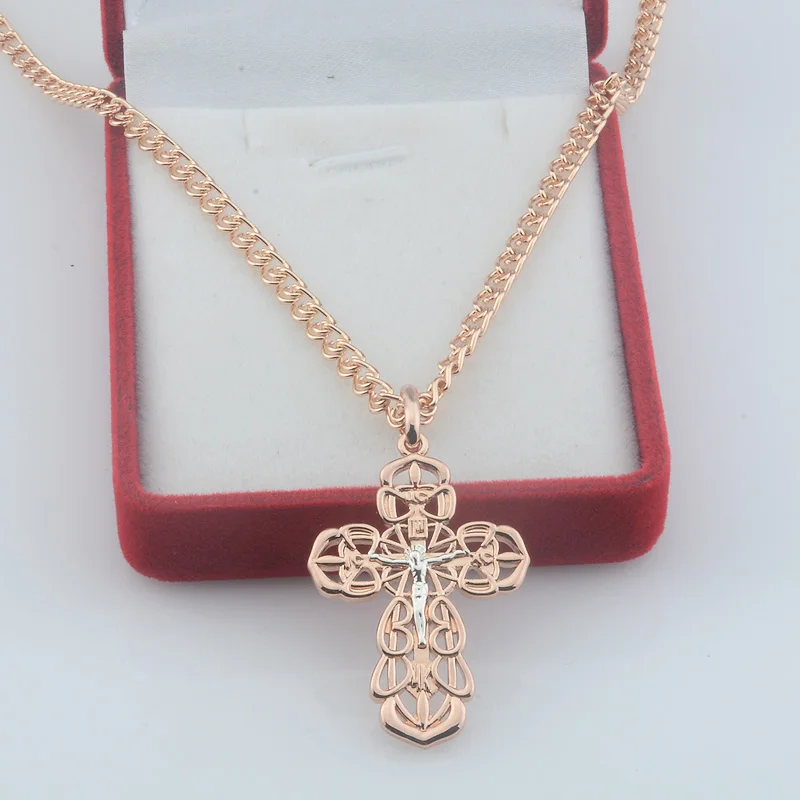 FJ Mens New White Cross Women 585 Rose Gold Color Necklace Pendants