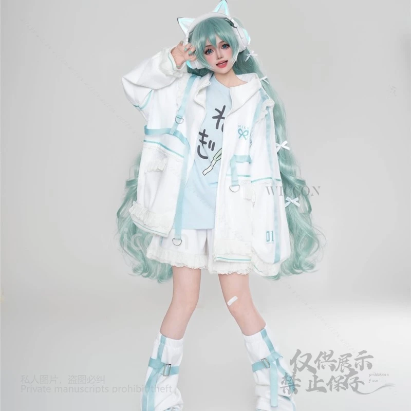 Anime Mikuku Cosplay Kawaii Blue White Full Set Wigs Earphone Coat T-Shirt Dress Socks Roleplay Customized Women Halloween Party - view 3