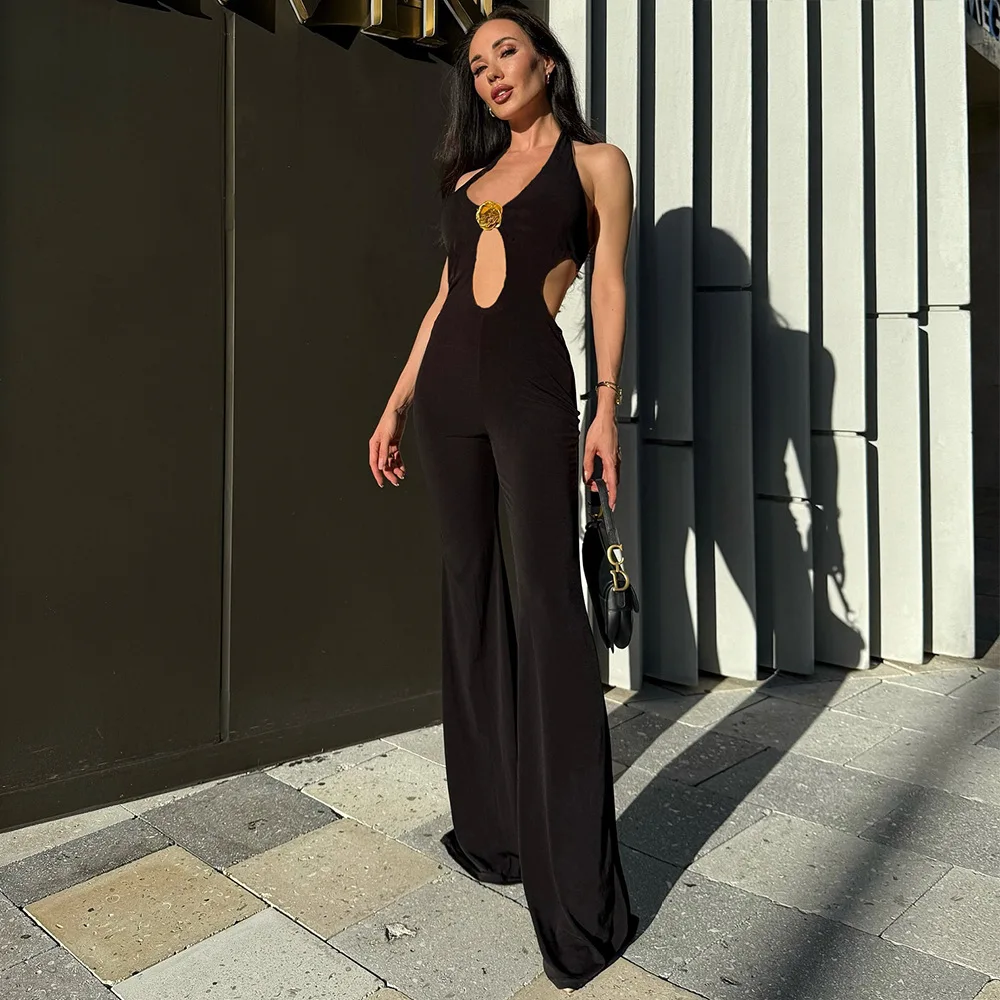 

2025 summer hollow backless neck three-dimensional decoration European and American jumpsuit women's club clothing Vestidos