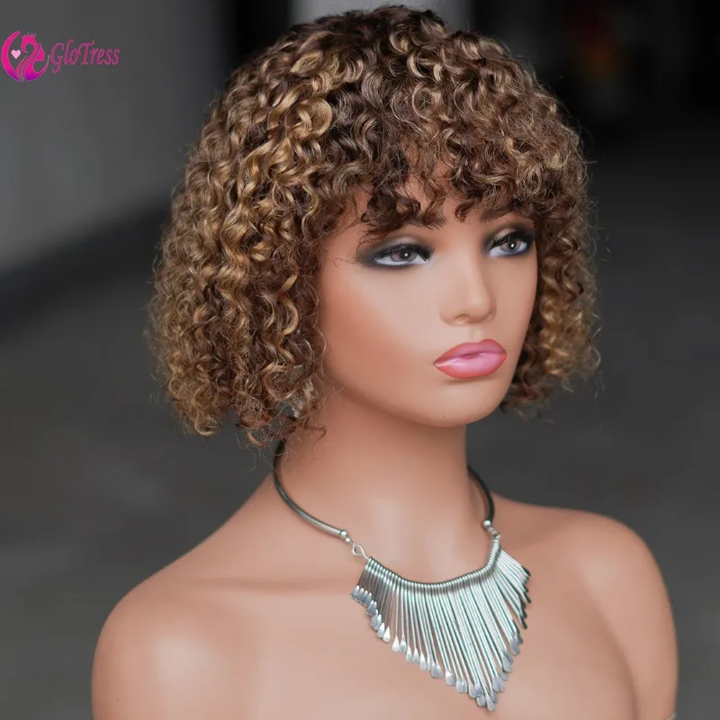 Hochwertige 220% Dichte Ombre Lockige Bob-Perücke 8/10 Zoll Brasilianisches Echthaar mit Pony Perfekt für den Alltag – Detail 4