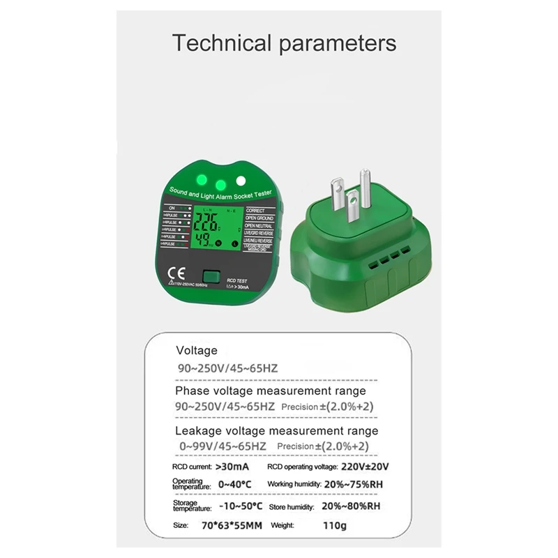 A93G Socket Tester Voltage 30Ma RCD Leakage Test Smart Detector Zero Line Plug Polarity Phase Check Tool US Plug